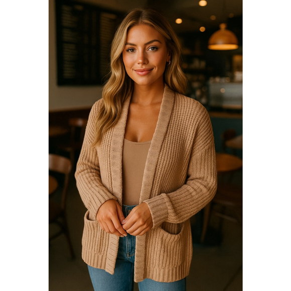 American Eagle Outfitters Sweaters - American Eagle Chunky Knit Cardigan Open Front Pockets Beige L Cozy Buttery Soft